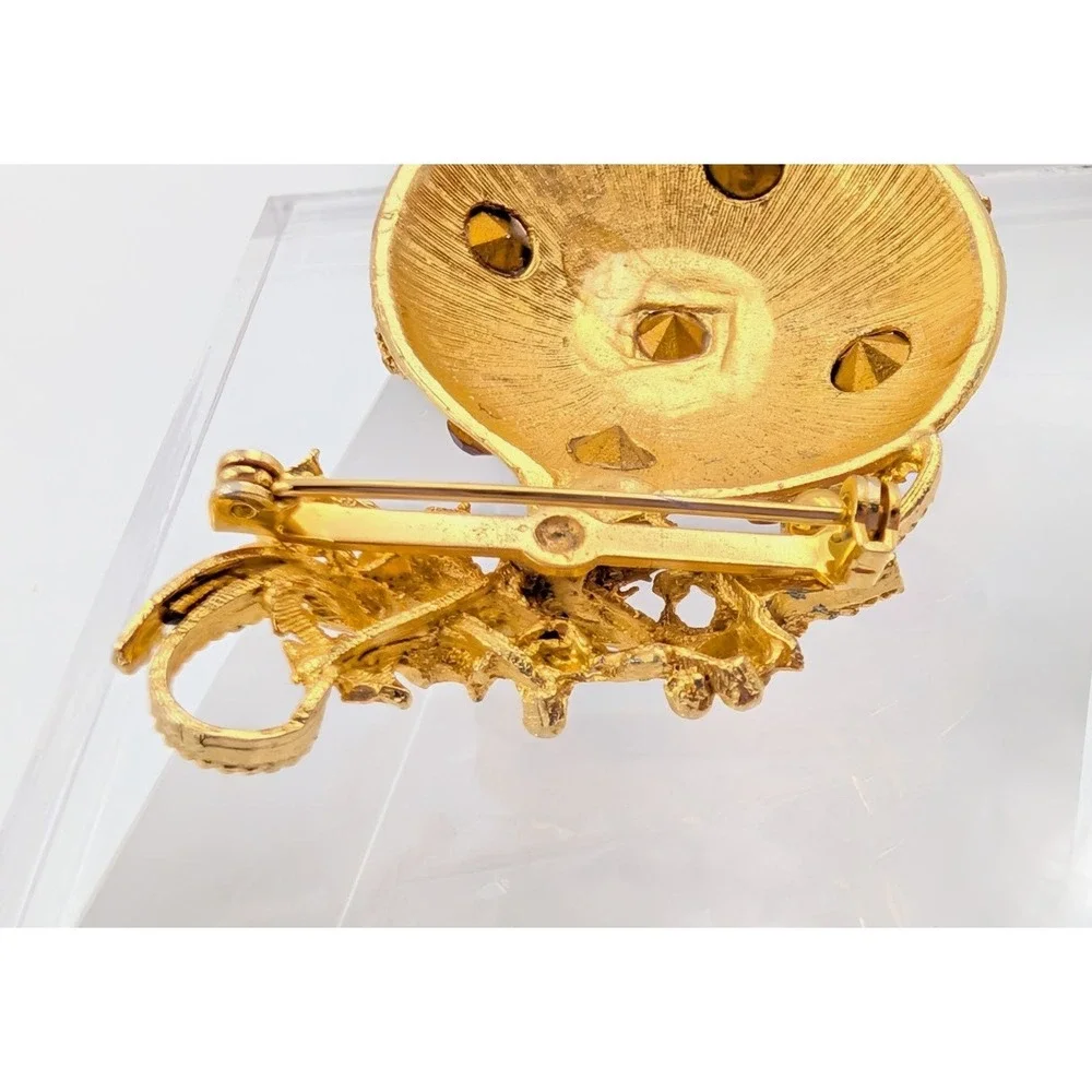 Vintage Gold Tone Ornament Brooch Rhinestone Christmas‎ Ball Statement Piece